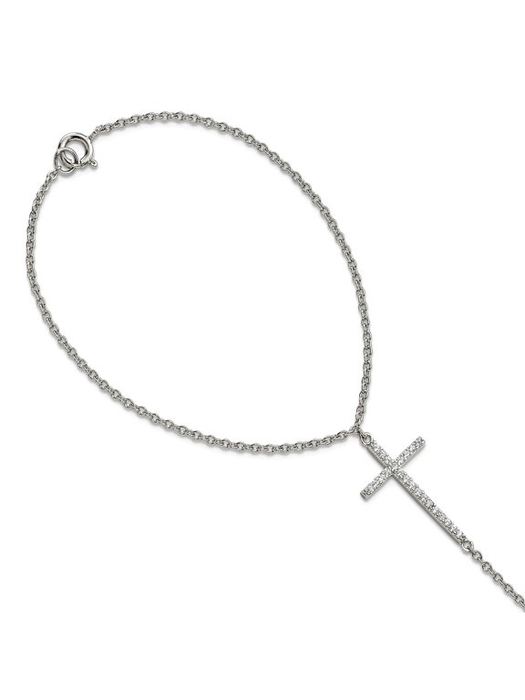 925 Sterling Silver Spring-Ring Polished Cubic Zirconia Religious Faith Cross Attached Ring Bracelet Size 7 Jewelry Set