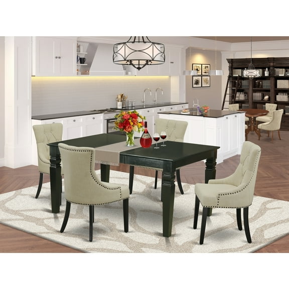 HomeStock Asian Aesthetics 5Pc Dining Set Includes A Rectangle Dinette Table With Butterfly Leaf And Four Parson Chairs With Light Beige Fabric, Black Finish