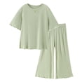 thumbnail image 4 of Agkizg Kids Girls Clothing Set Solid 2 Piece Outfit Short Sleeve Crewneck Top Pants Set, 4 of 6