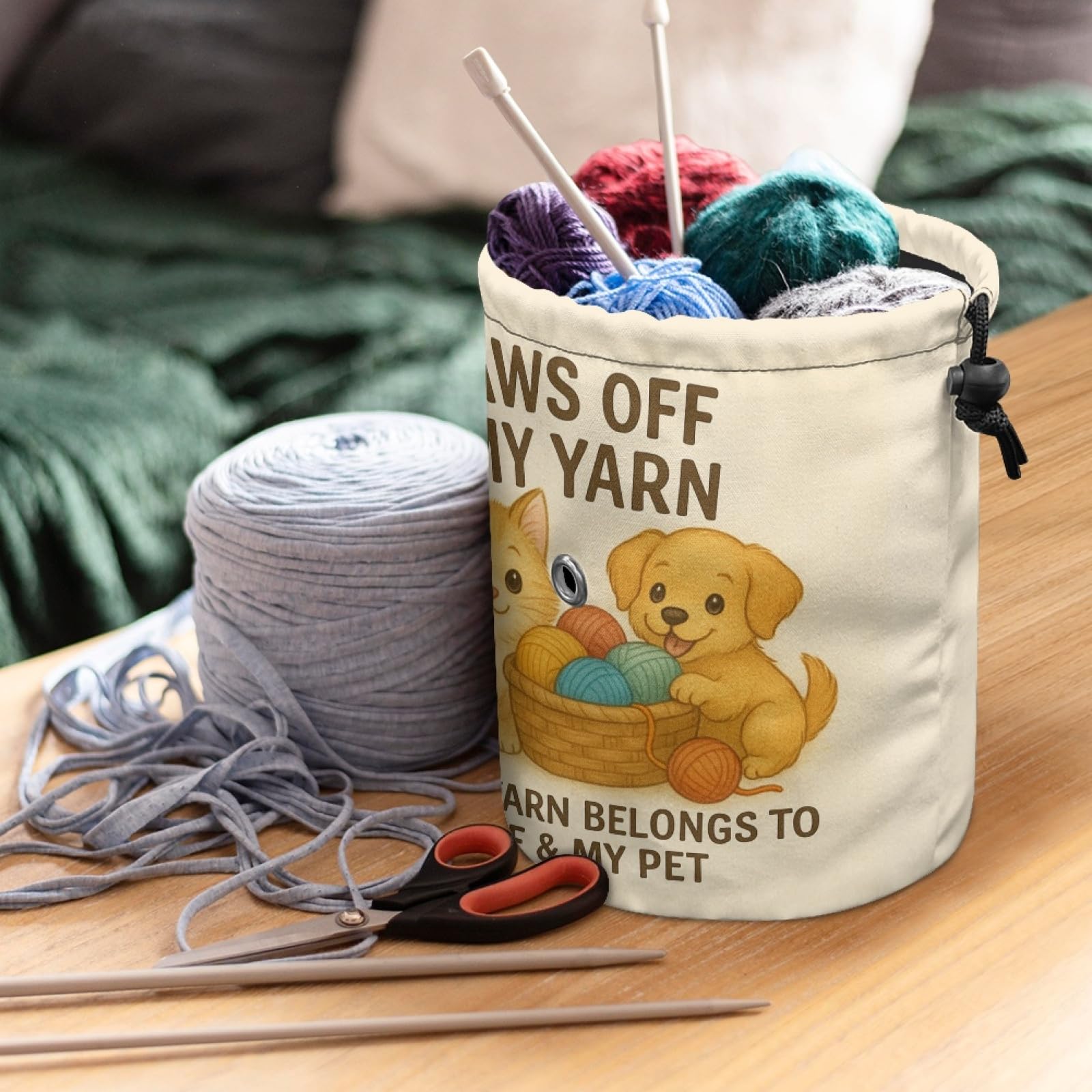 Knitting Crochet Yarn Storage Bag – Durable Canvas Tote Organizer with Cute Pet & Thread Design | Holds Skeins, Hooks, Needles & Tools for Crafters and DIY Lovers