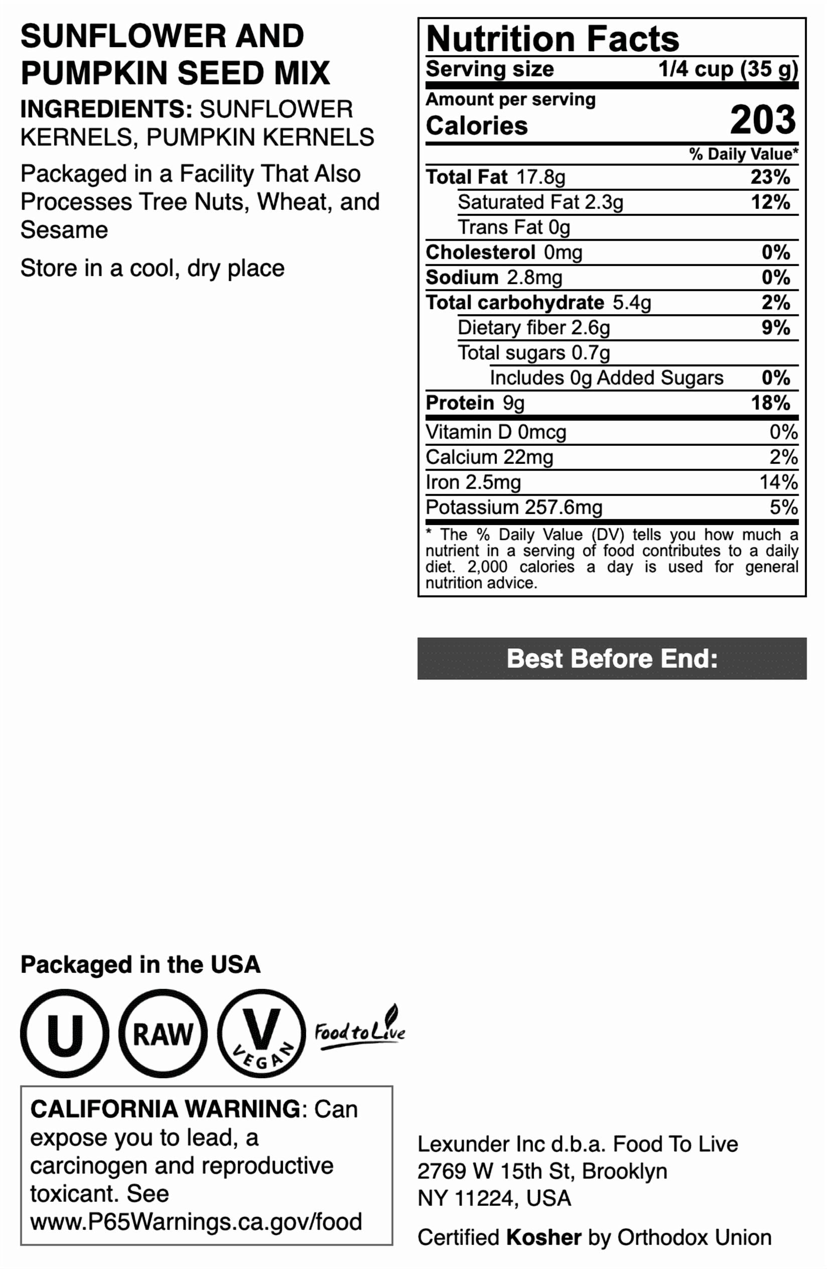 Sunflower and Pumpkin Seed Mix, 4 Pounds – Natural Snack, Rich in Protein, Perfect for Snacking, Baking and Salads, Raw, Vegan, Kosher, Bulk - by Food to Live