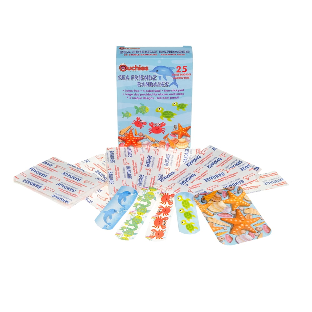 Ouchies Sea Friendz Triple Pack First Aid Hot Cold Ice Pack 25 ct Assorted Bandages and Forehead Thermometer Strips for Kids