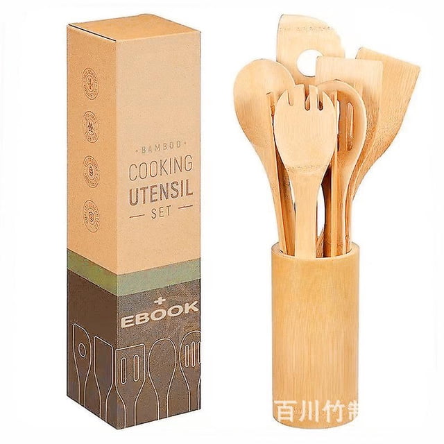 Juego de utensilios de cocina de madera y bambú: 8 piezas con soporte, cuchara de madera y utensilios de cocina antiadherentes.