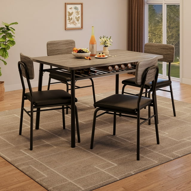 5 Piece Dining Table Set for 4 with Storage Rack, 43.3 Inch Space Saving Kitchen Table with MDF Top and Metal Frame, Upholstered PU Chairs for Apartment Small Spaces, Brown Gray Black