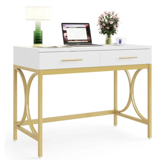 AetherLove White Gold Computer Desk 2 Drawer Study Writing Table for Home Office Wood Metal