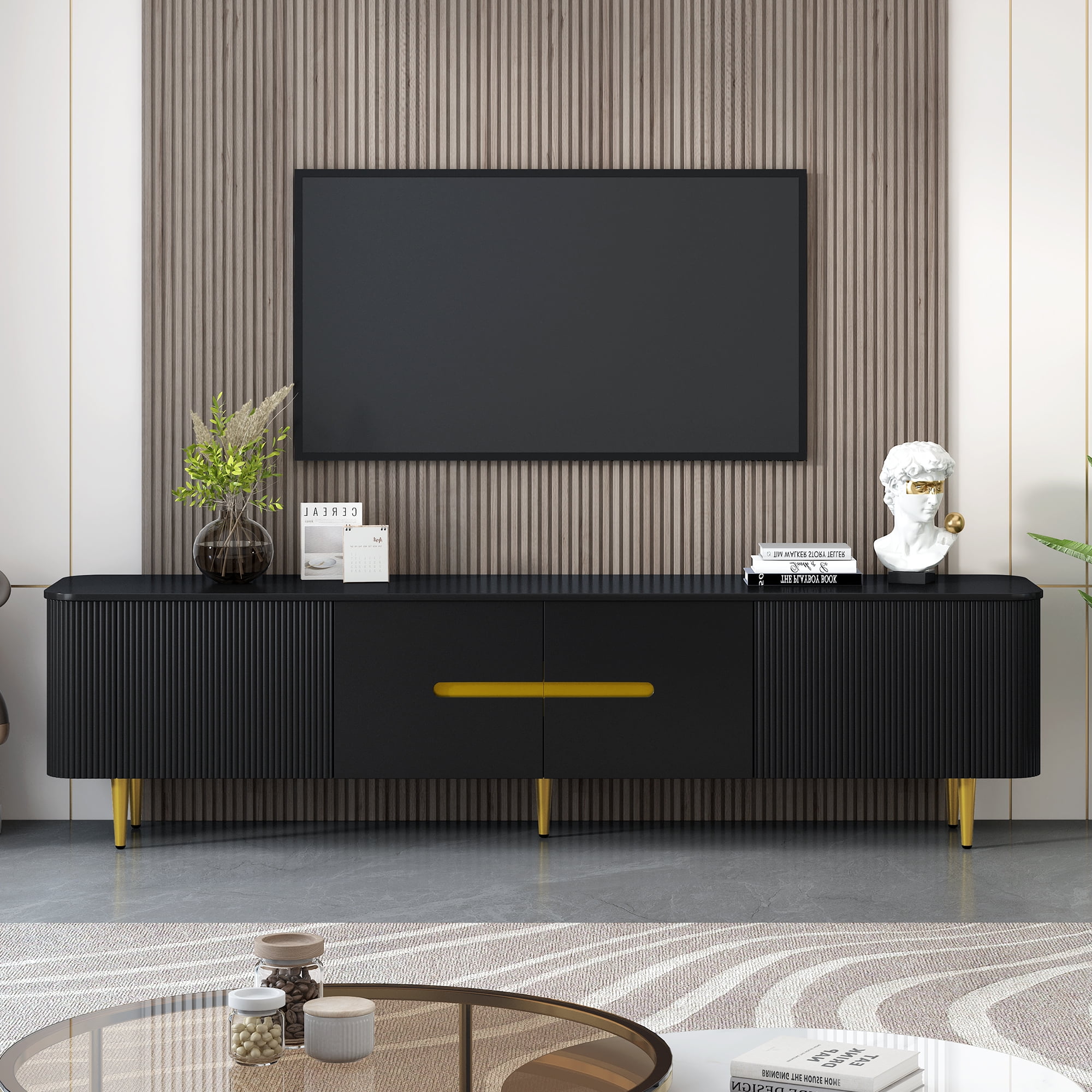 Euroco Modern Minimalist TV Stand with 4 Cabinets and Gold Metal Legs