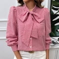thumbnail image 4 of SWSMCLT Women's Puff Sleeve Blouse Button Up Shirt Fashion Fall Slim Fit Long Sleeve Casual Summer Soft Plaid Bowknot Neck Top Red Large, 4 of 5