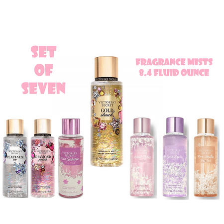 Victoria Secret Set of 7 pcs Fragrance Mists 8.4 Fluid Ounce ( VELVET PETALS, Bare Vanilla, LOVE SPELL , Pure Seduction, DIAMOND PETALS, Platinum Ice,  GOLD (The Best Vanilla Perfume)