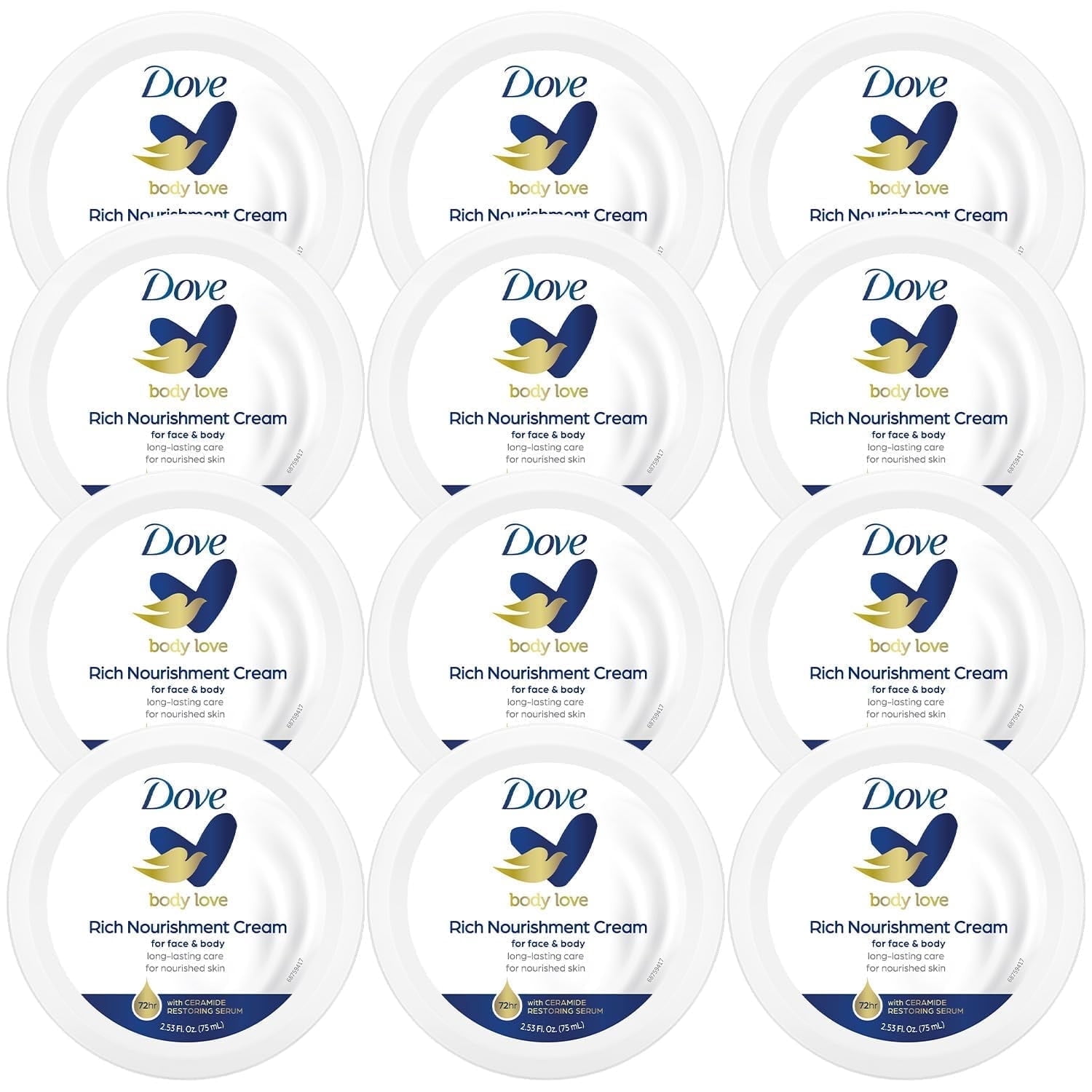 Dove Body Love Rich Nourishment Cream, Face, Hand & Body Lotion for Extremely Dry Skin, Travel Size, 2.53 Oz (Pack of 12)