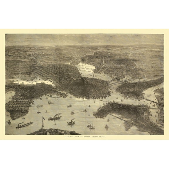Vintage Map of Boston Massachusetts 1870 Suffolk County Canvas Art - (36 x 54)