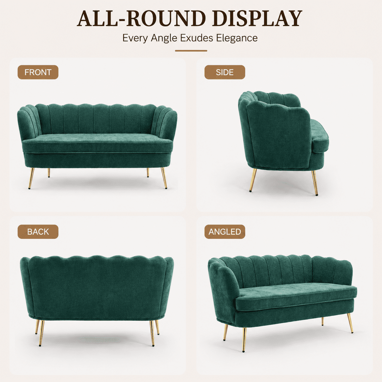 MOONMISS Chenille 2-Seater Loveseat with Gold Legs,Scallop-Tufted Curved-Back Sofa for the Living Room or Bedroom,Emerald
