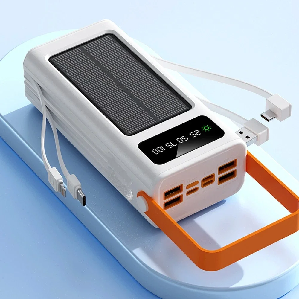 Misty 80000mAh Solar Power Bank External Battery Backup Charger Built-in Cables &LED Flashlight White