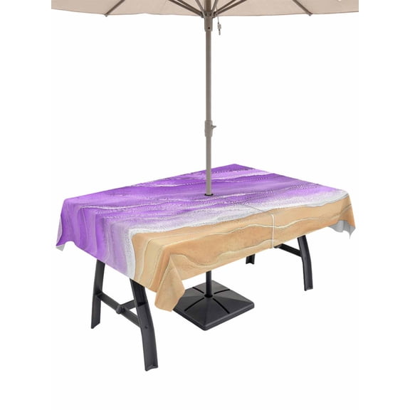 Outdoor Tablecloth with Umbrella Hole for Patio/Picnic/Party/Camping, Purple Coastal Beach Waterproof Table Cloth Rectangle Table Cover Washable, Summer Nautical Ocean Beige Seaside (60"x 102")