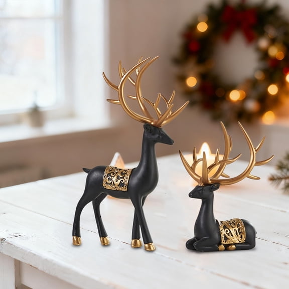 2Pcs Reindeer Ornament Statues,Reindeer Christmas Resin Sculpture,Venados De Navidad Para Decoración with Standing and Sitting Posture for Women Mom Gift Home Office TV Stand Shelf Wine Cabinet Room