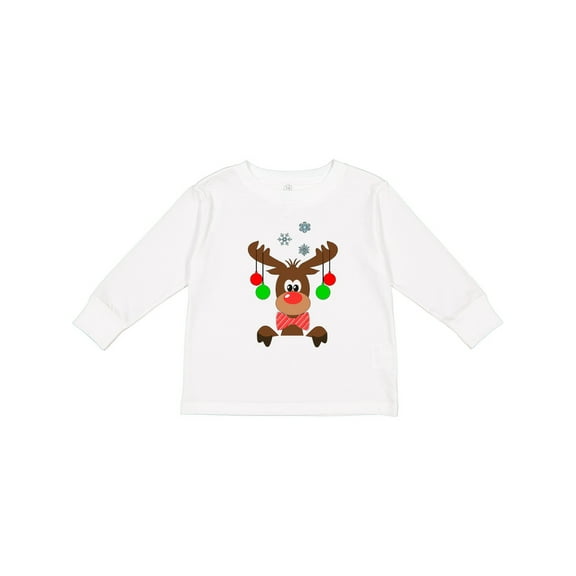 Inktastic Cute Christmas Reindeer with Red Nose, Ornaments and Bow Tie Boys or Girls Long Sleeve Toddler T-Shirt