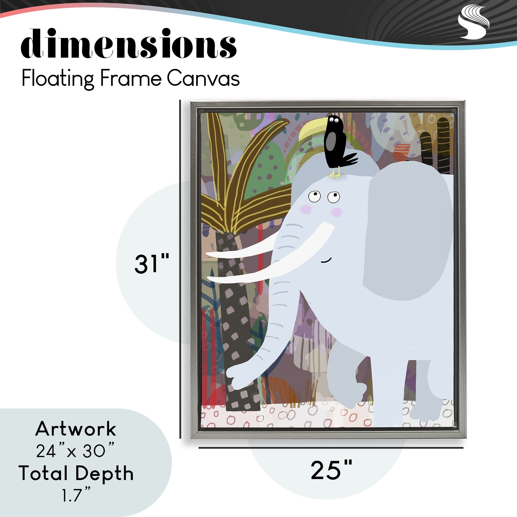 Elephant & Toucan in Jungle Gray Framed Floater Canvas Wall Art, design by Carla Daly