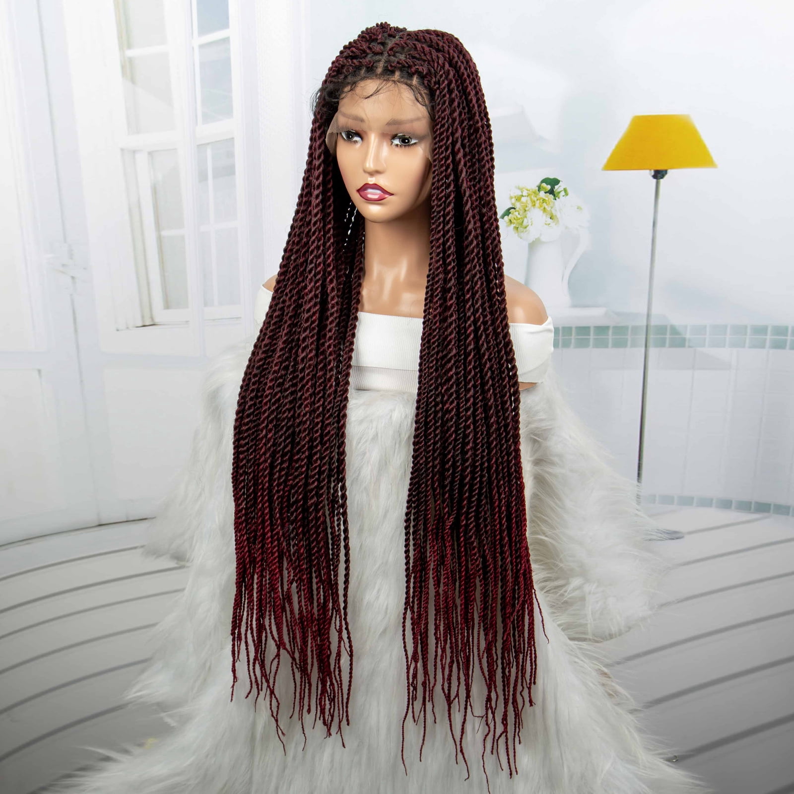 Super Long 40 Inches Twist Braided Wigs Synthetic Full Lace Frontal Wig Knotless Braiding Wigs Pre Plucked with Baby Hair for Black Women 1B/BUG Color