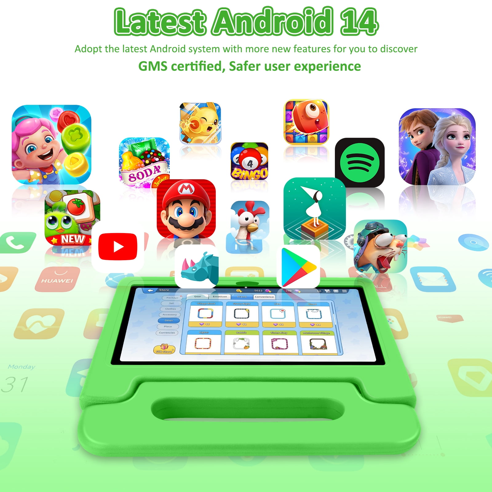Kids Tablet, 10.1 inch Tablet for Kids IPS HD Screen RAM 8GB 64GB Storage, J10 Pro Toddler Tablet with Protective case - Green