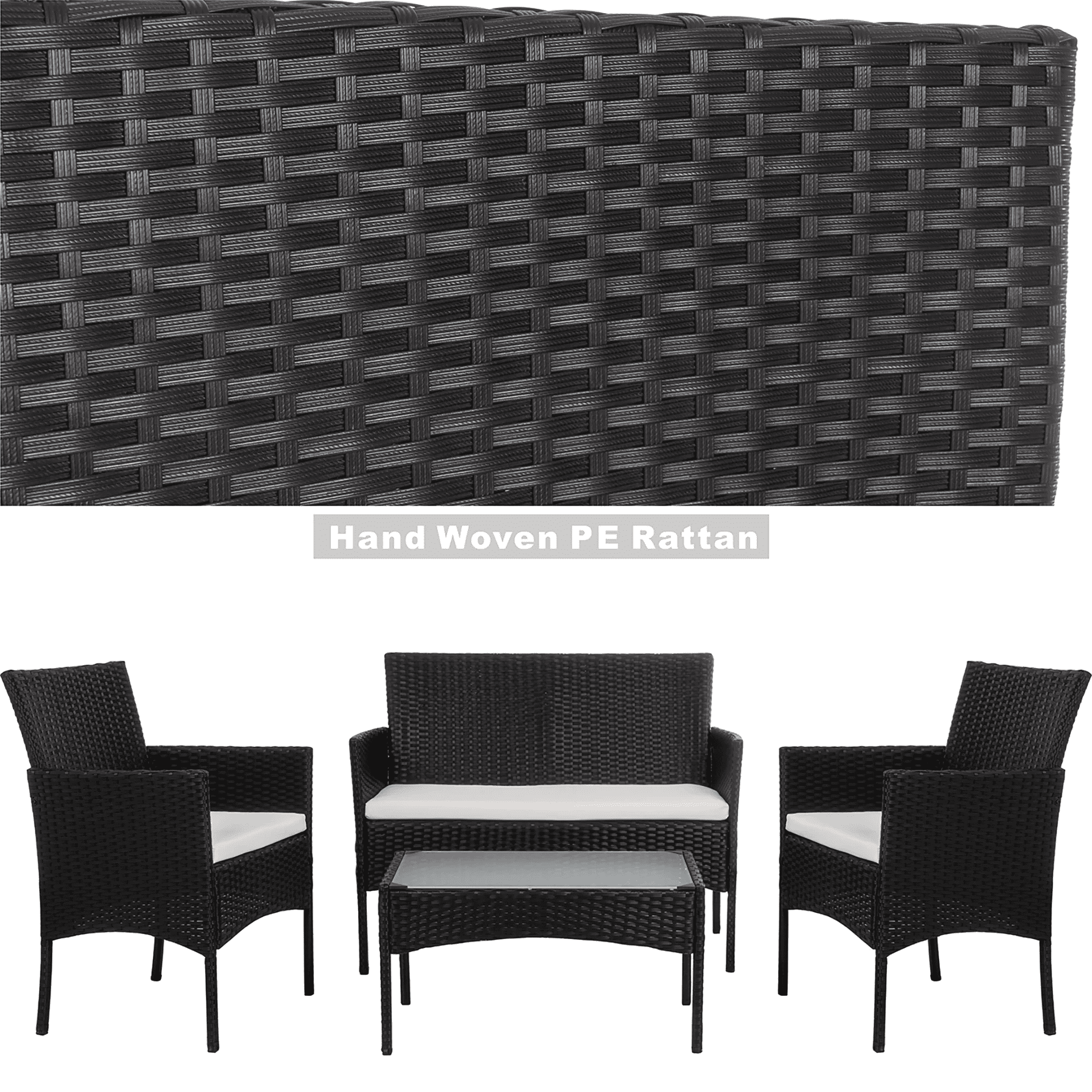 Walsunny 4-Piece Patio Rattan Furniture Set with Cushions & Tempered Glass Tabletop, White