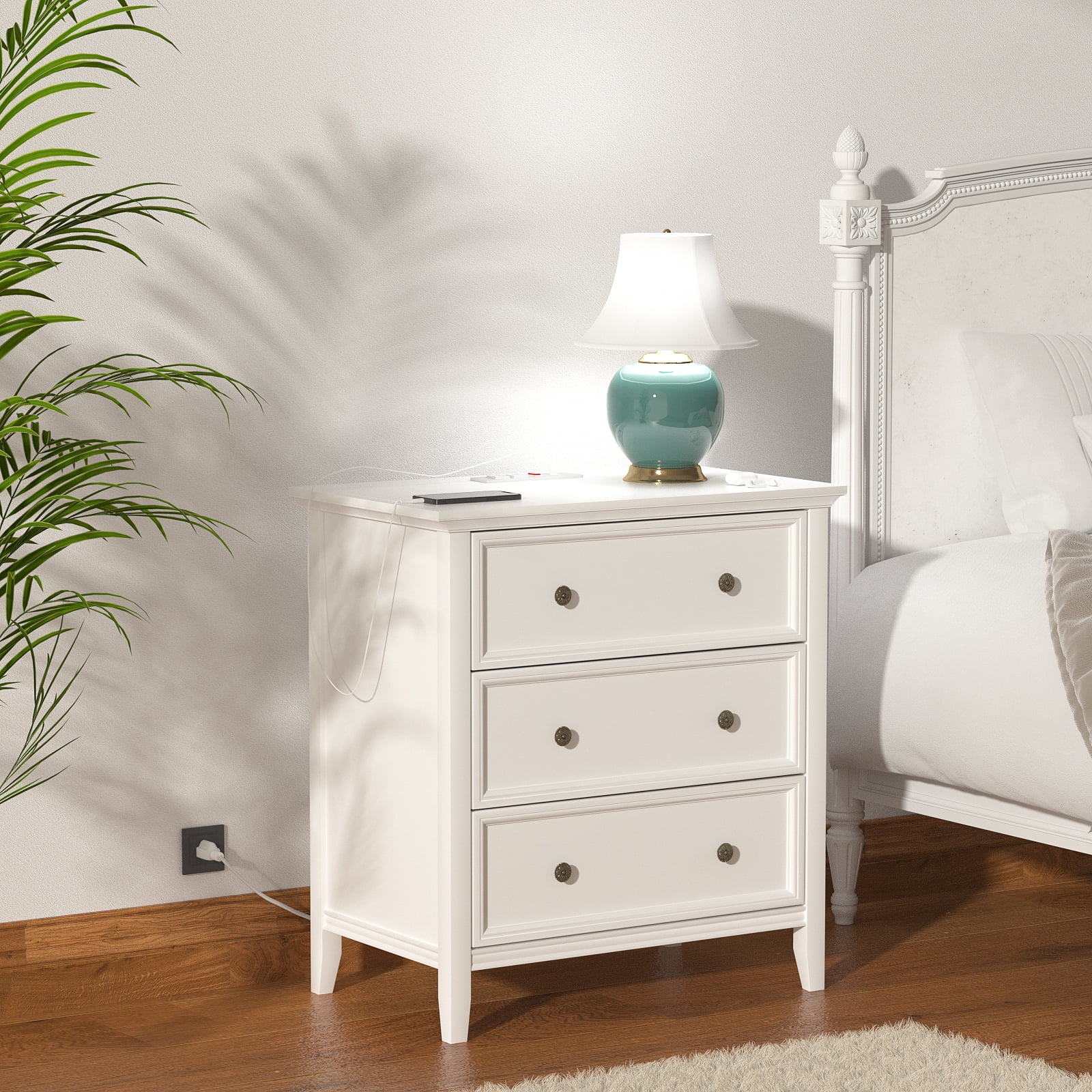 IKENO White Nightstand with 3 Drawers and Charging Station, Solid Wood Nightstand Organizer for Bedroom