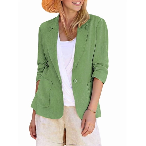 Women'S Lightweights Lapel Three-Quarter Sleeve Elastic Pleated Fully Lined Casual Work Jacket with Pockets Green L