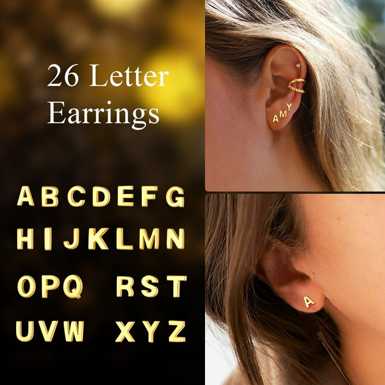 Gold Plated CZ Initial Letter A-Z Stud Earrings Crystal Alphabet for Women  Men