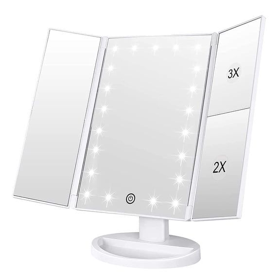 Makeup Mirror with 21 LED Lights,Two Power Supply Modes, Adjustable Touch Screen and 1x/2x/3x Magnification Tri-Fold Vanity Mirror,Chargeable Travel Cosmetic Mirror for Desktop(White)