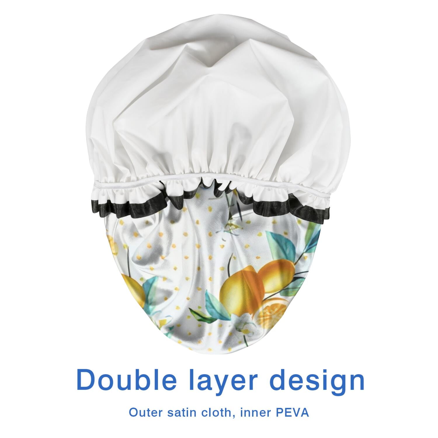 Shower Caps,Yellow Lemon Flowers White Pattern Waterproof Shower Cap for Women 4 Pieces,Double Reusable Hair Cover for Shower PEVA Elastic Stretch Hem
