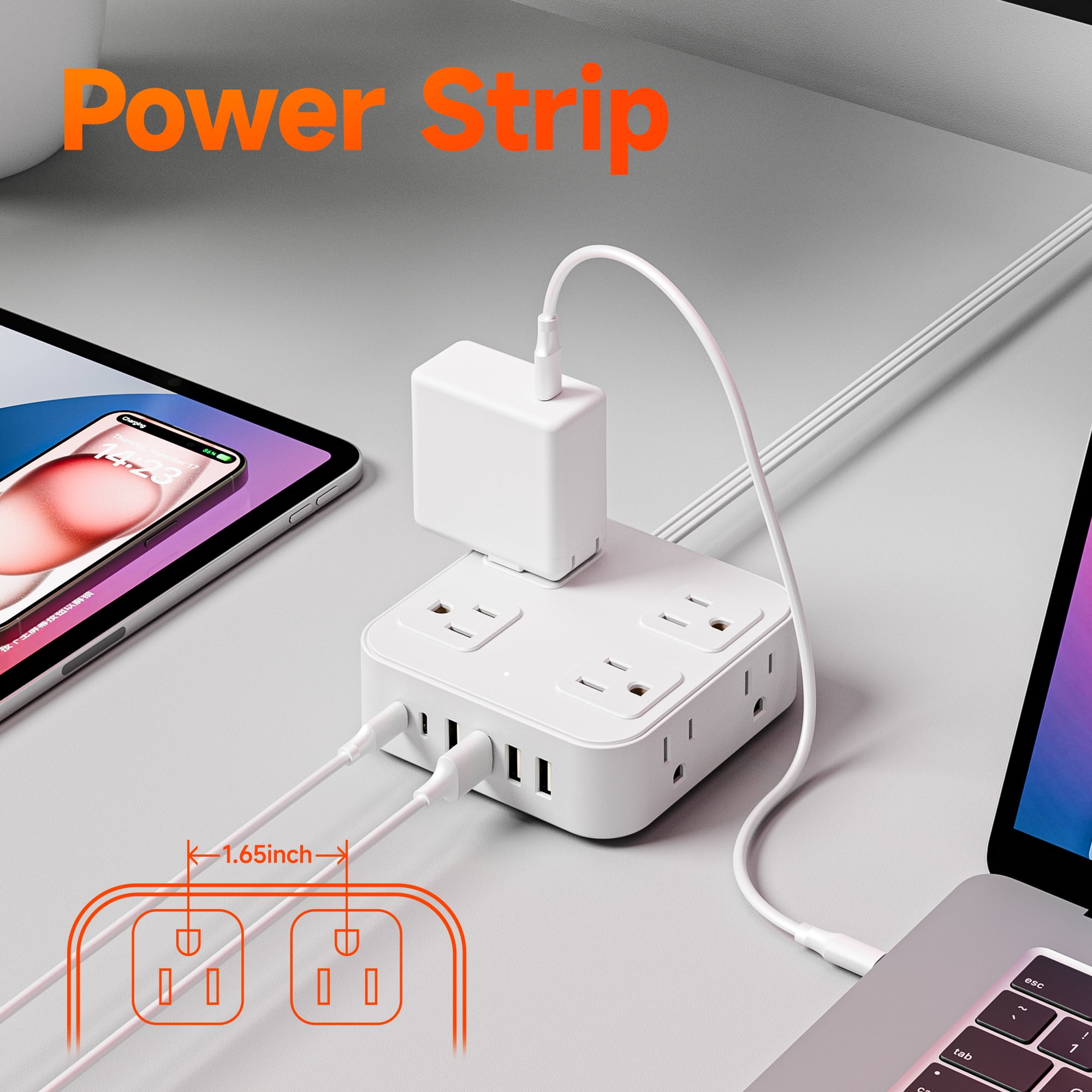 USB Charging Strip - 8 AC Outlets Extender 6 Fast-Charging USB Ports Heavy-Duty US Standard Socket with Extension Cable Multi-Device Charger Station for Office Home Travel（White）