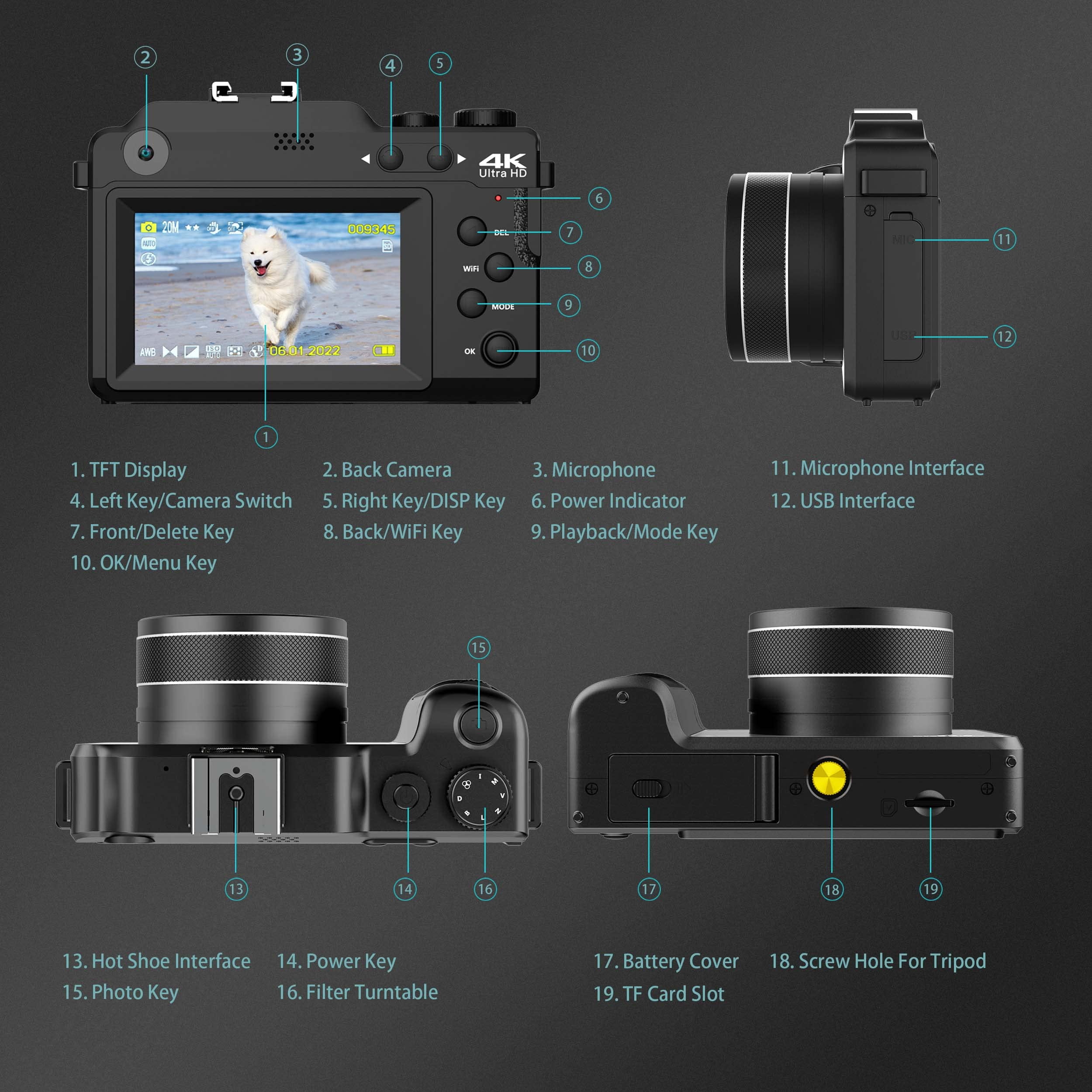 4K Digital Camera for YouTube 48MP Digital Cameras for Photograph Vlogging Camera with WiFi, 32G TF Card, Autofocus, Built-in 8 Color Filter