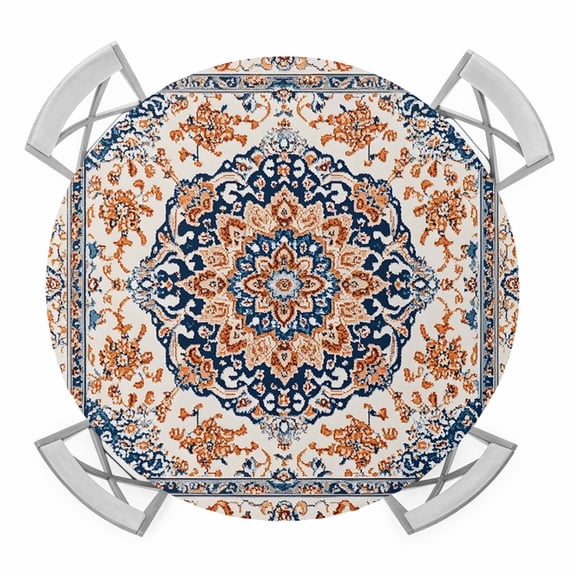 Blue Burnt Orange Boho Round Tablecloth for 45-54 Inch Tables,Fitted Table Cover with Elastic Edge,Antique Southwestern Ethnic Waterproof Outdoor Table Cloth Protector for Patio Garden Dinner Picnic