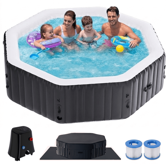 Outdoor Inflatable Hot Tub for 6 to 8 Person Polygon - 77"L Portable Hottub Spa with Pool Heater, Blow Up Spa Bathtub with 130 Soothing Bubble Air Jets, Cover, 2 Filter, 240 Gallon