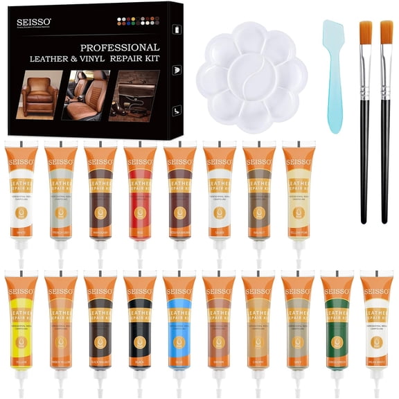 SEISSO Leather Repair Kit 18 Colors, for Furniture, Car Seats, Couches, Vinyl, Boat Seats, Shoes & Jacket, Leather Dye Kit with Scraper, Brushes, Palette & Sponge