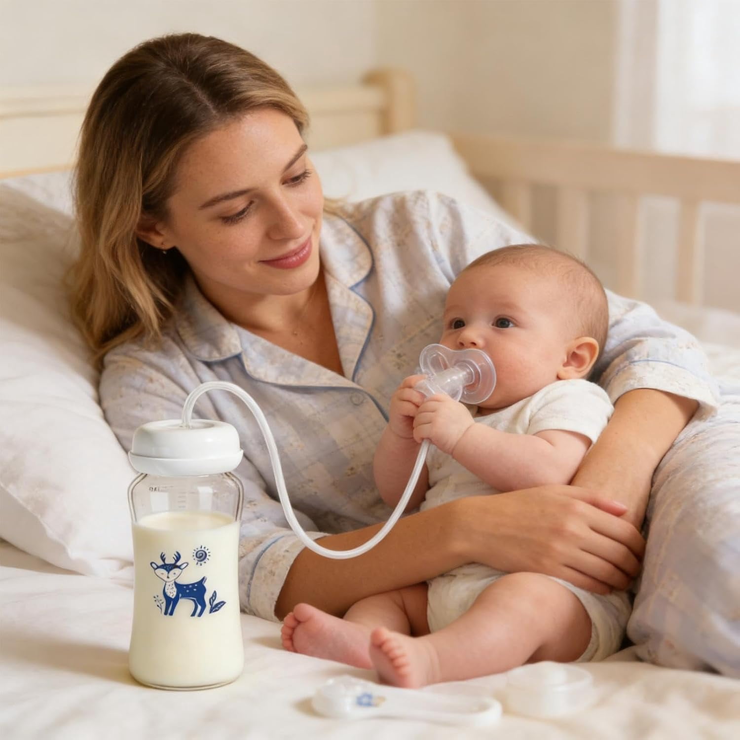 Baby Bottle, 10oz Self Feeding Silicone Pacifier Bottle with Nipple Straw, Anti-Colic Leakproof Infant Feeder for Travel and Home, (2 Pack)