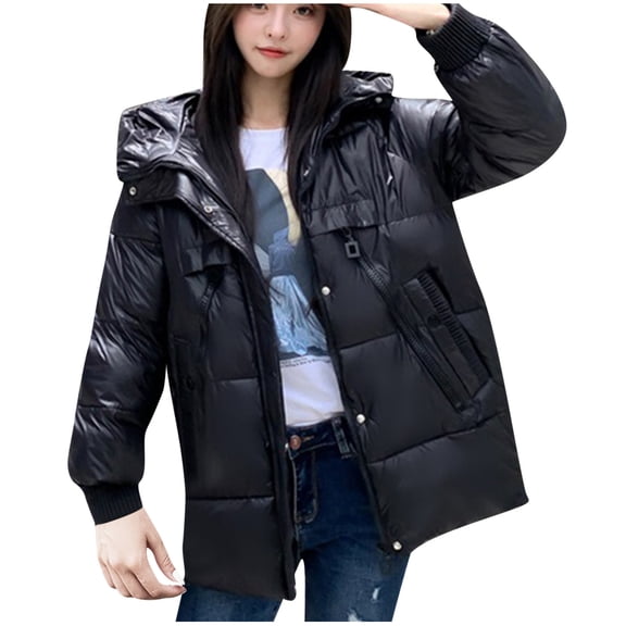 SuDongPo Women's Warm Coat Solid Color Long Sleeve Hooded Neck Zip Up Waterproof Padded Quilted Coat Casual Loose Outerwear Ladies Jackets Fall Winter