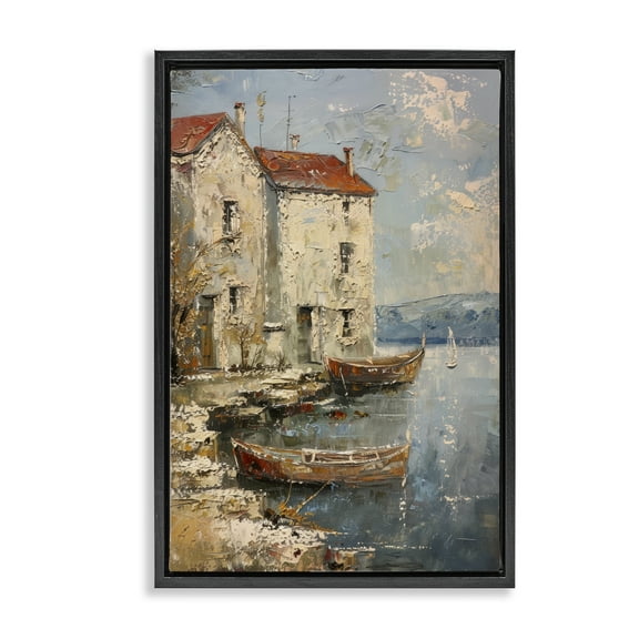 Stupell Industries Red Townside Boats Scenic & Cityscapes Painting Black Floater Framed Canvas Art Print Wall Art, 17 x 25