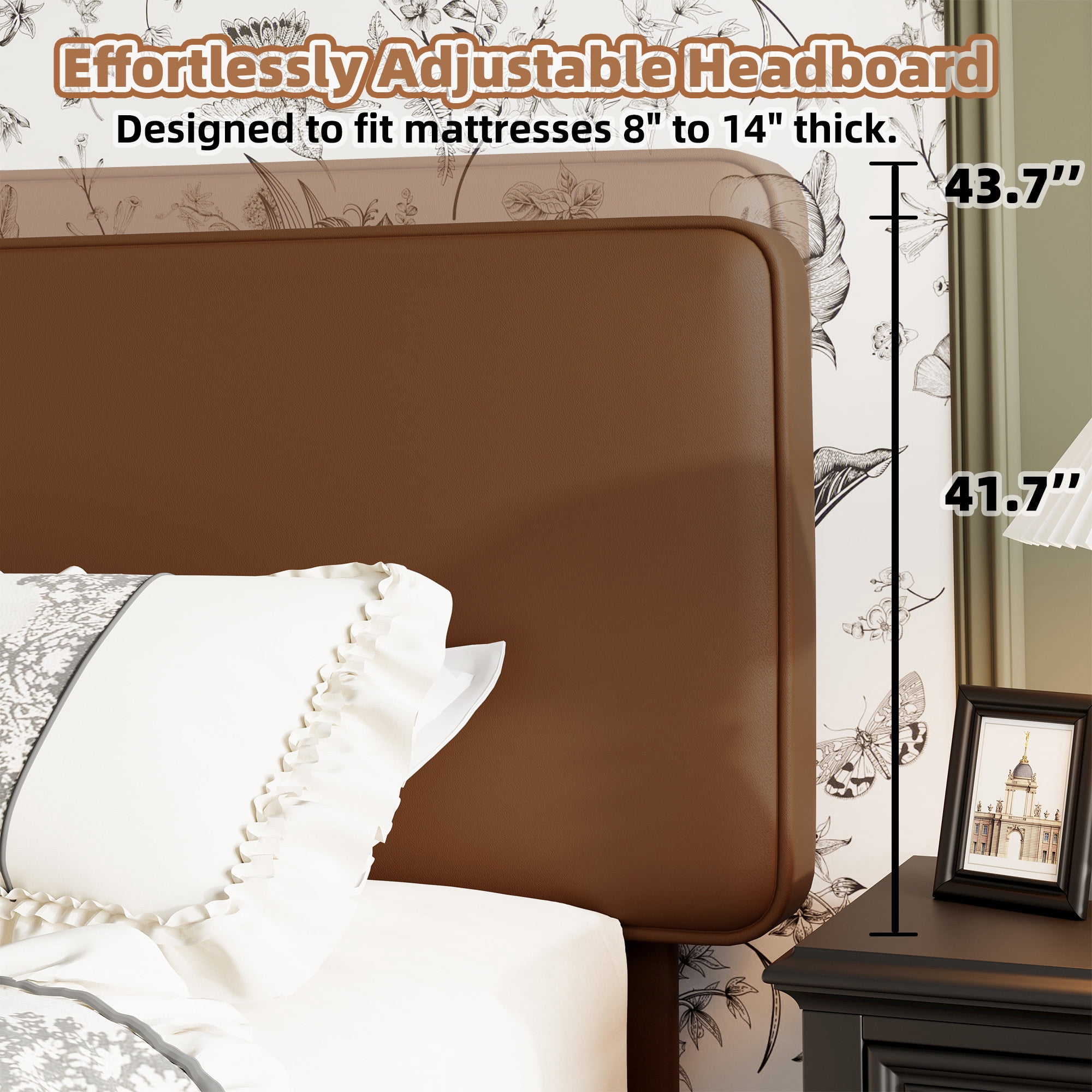 Frostbloom Full Bed Frame, Upholstered Faux Leather Platform Bed with Adjustable Headboard, Dark Brown