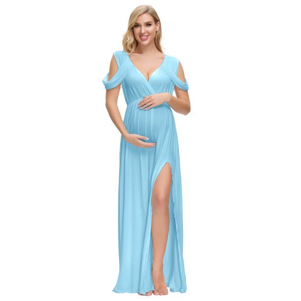 JustVH Maternity Photoshoot Dress Women Sexy V Neck High Split Gown Pregnancy Dress for