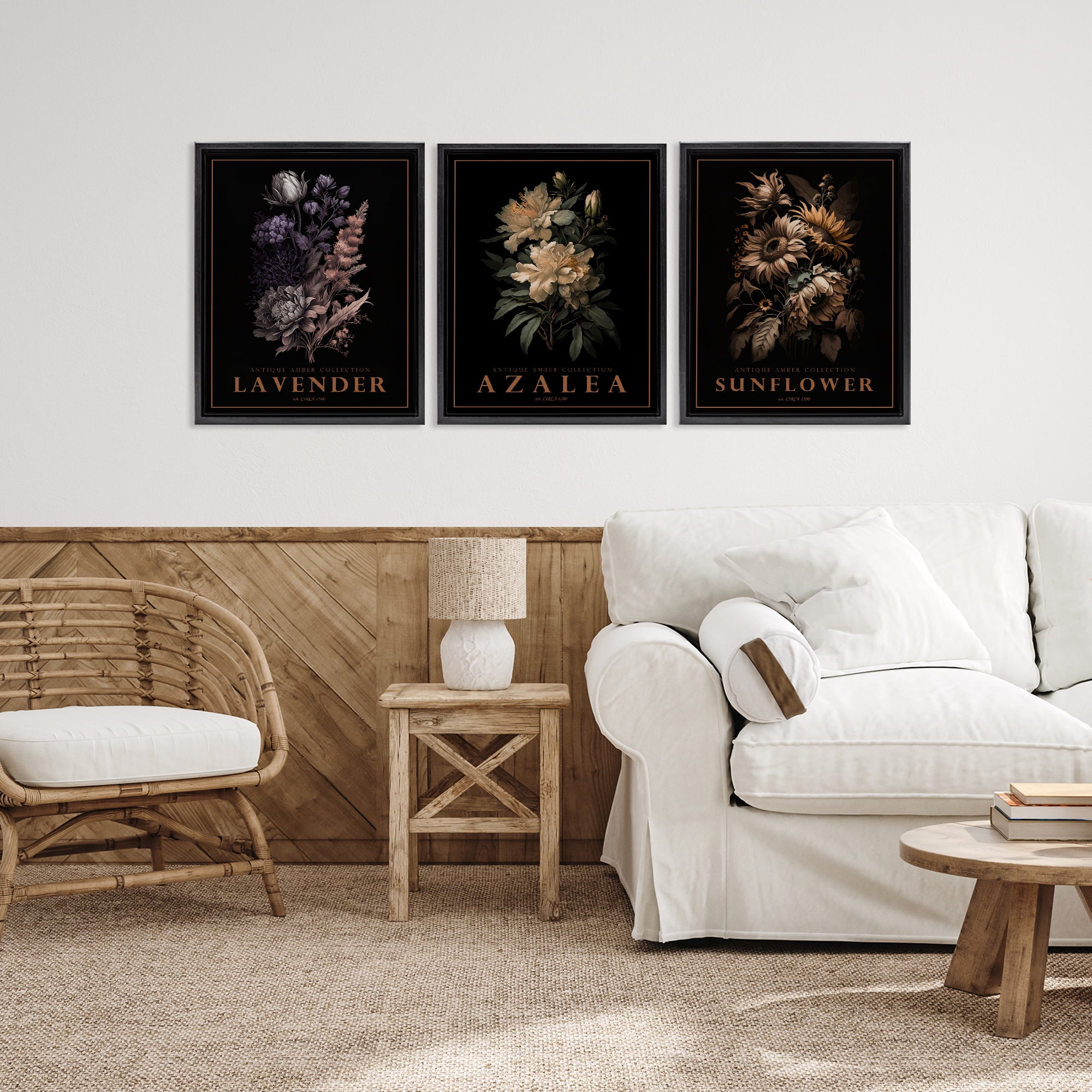 Stupell Industries Antique Botanical Herb Bushels 3 Piece Black Framed Floater Canvas Set, design by Christopher Giampietro