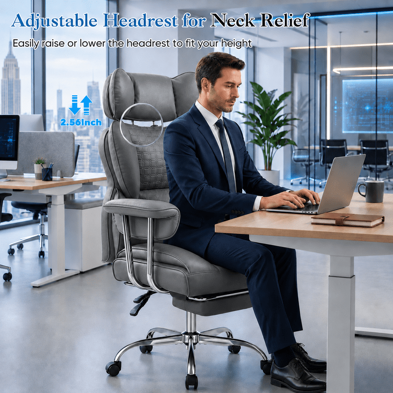 Simple Deluxe 350lbs Executive Heavy Duty Office Chair for Big & Tall, PU Leather Ergonomic Reclining Desk Chair with Footrest, Pocket Spring Cushion, Gray