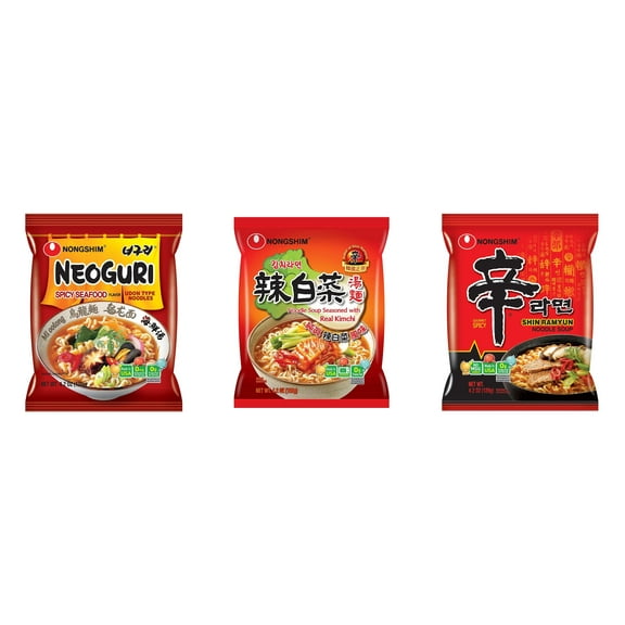 3 Pack Korean NongShim Gourmet Spicy Shin Instant Ramen Noodle, 3 Flavors(Neoguri,kimchi,shin red) Plus NineChef Brand Long Handle Coffee Spoon