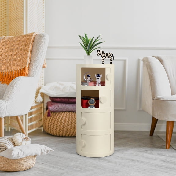 4‑Tier Round Plastic Storage Cabinet, Cream White Stackable Nightstand with Drawers