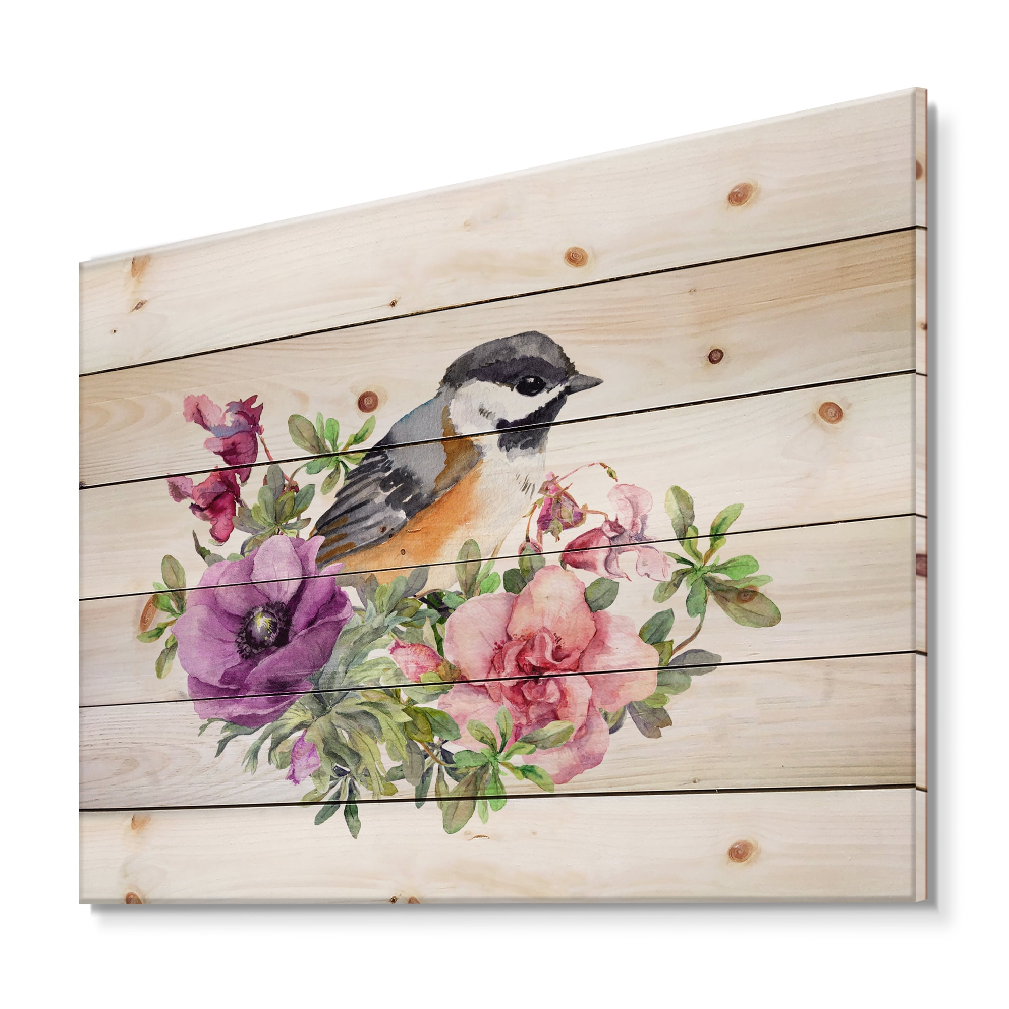 Designart 'Cute Bird In Purple and Pink Flowers' Traditional Print on Natural Pine Wood