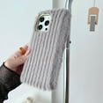 thumbnail image 2 of Compatible with iPhone 15 Pro Max Plush Case Stripe Pattern Fluffy Fuzzy Furry Warm Plush Phone Case Girly Women Girls Smooth Cozy Winter Soft TPU Warm Hair Fur Shockproof Phone Cover, Khaki, 2 of 6