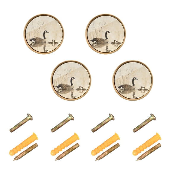 Kitchen Cabinet Knobs Cabinet Handles 1.25 inch Diameter Zinc Alloy Elegant Goose with Goslings Swimming 4 Pack