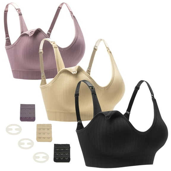 Luopital L Nylon Maternity Wireless Bra, Black/Nude/Purple (3 Pack)