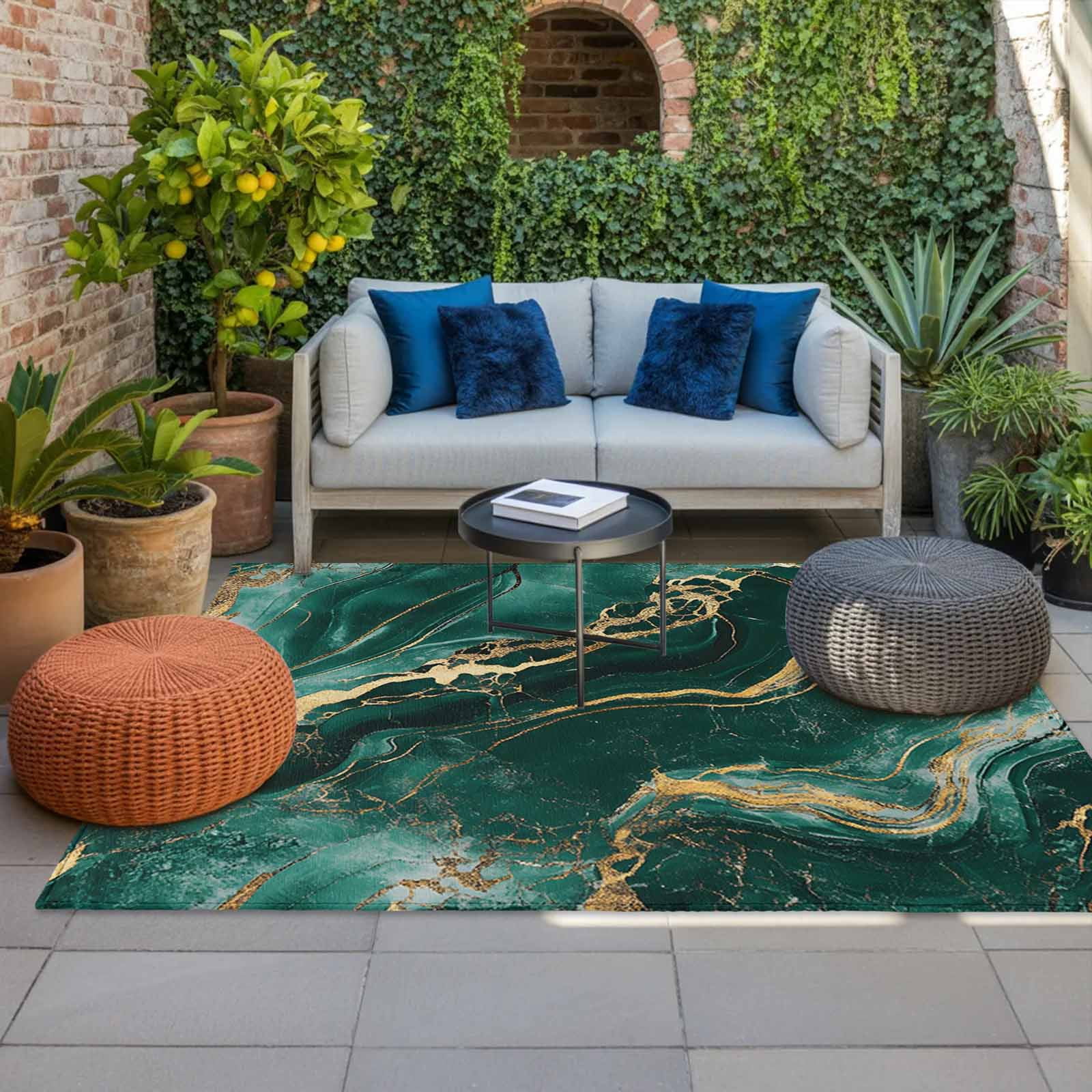 Teal Golden Marble Outdoor Rug for Patio/Deck/Porch, Non-Slip Large Area Rug 4 x 6 Ft, Modern Farmhouse Gradient Texture Indoor Outdoor Rugs Washable Area Rugs, Reversible Camping Rug Carpet Runner
