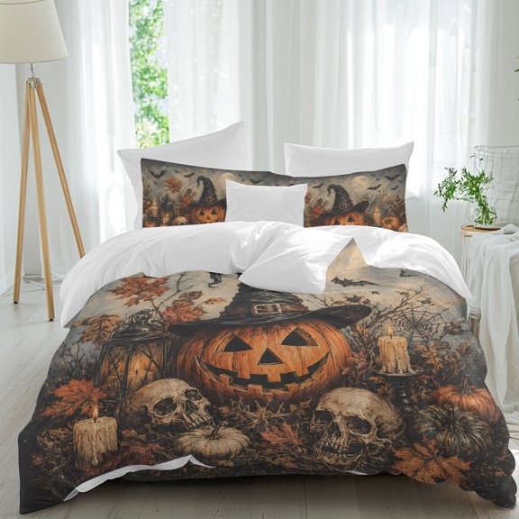 Halloween Twin Duvet Cover Set, Spooky Wizard Hat Carving Pumpkin Skull Maple Dark 4 Piece Microfiber Bedding Set with Zipper Closure, Bed Sheet and 2 Pillow Shams, Soft Bedding Cover
