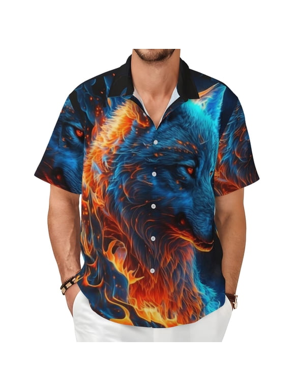 Mens Casual Button Down Shirt Hawaiian Short Sleeve Beach Clothes , Blue Fire Flaming Wolf Cool