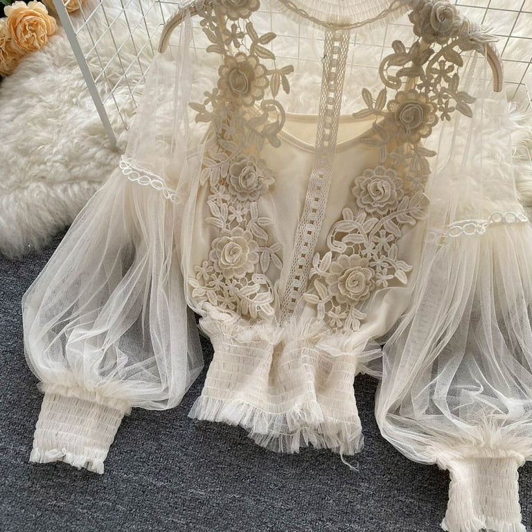 Women Cottagecore 3D Flower Blouse Bell Long Sleeve Sheer Lace